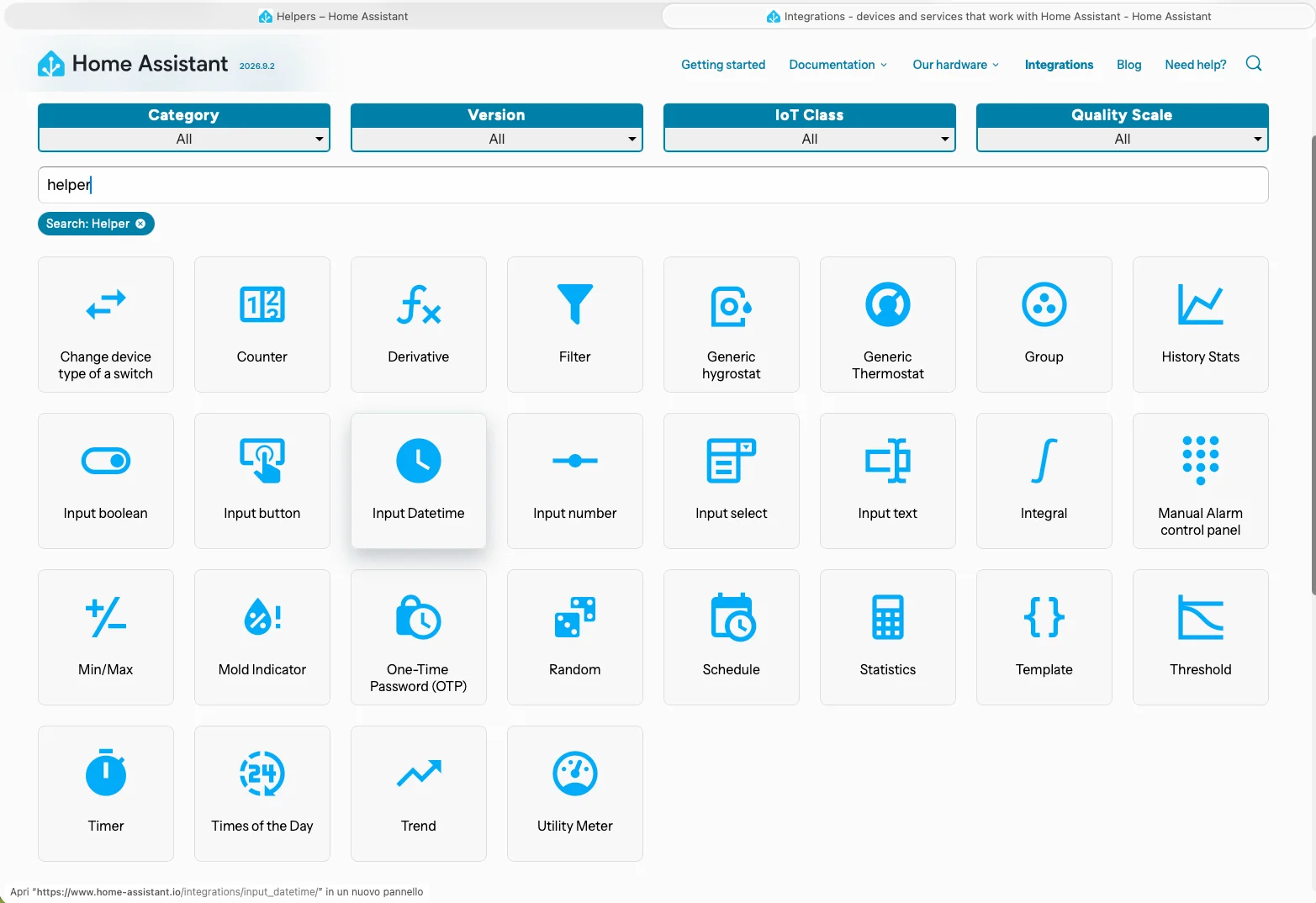 Pagina ufficiale Home Assistant con tutti gli helper filtrati per categoria