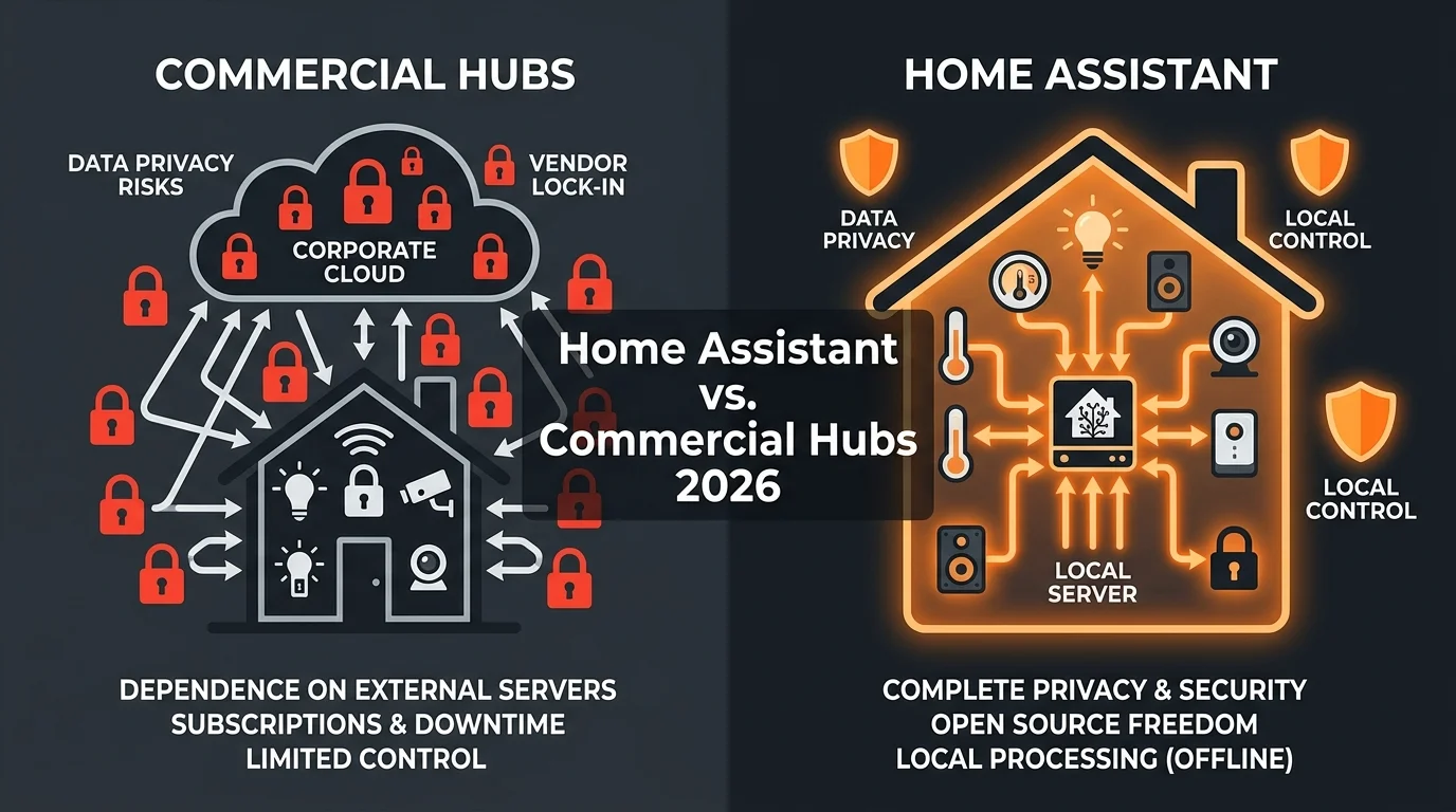 Home Assistant confrontato con Google Home, Alexa, Apple HomeKit e SmartThings in uno schema visivo 2026