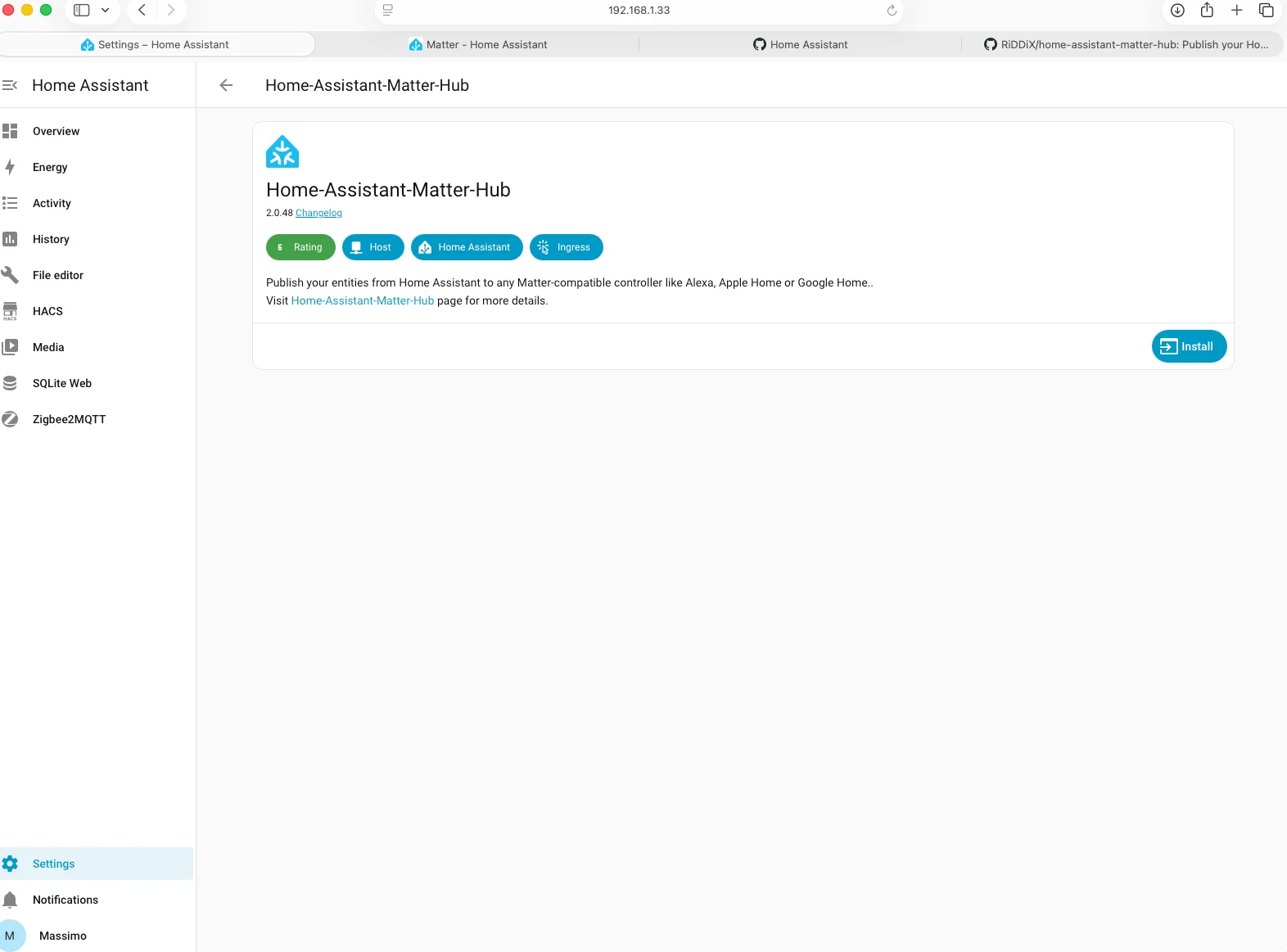 Installazione dell'add-on Home Assistant Matter Hub