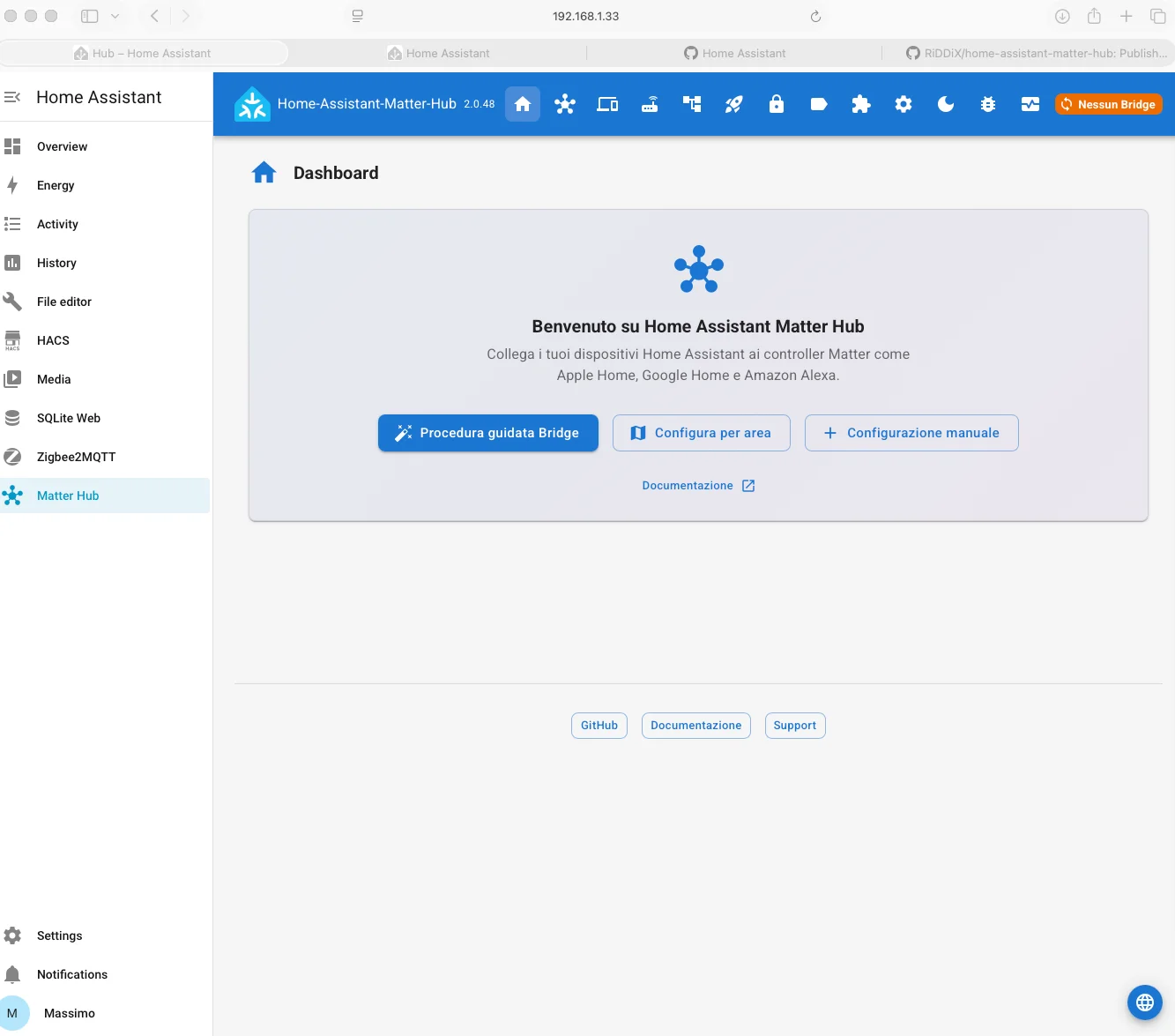 Schermata iniziale dell'app Home Assistant Matter Hub