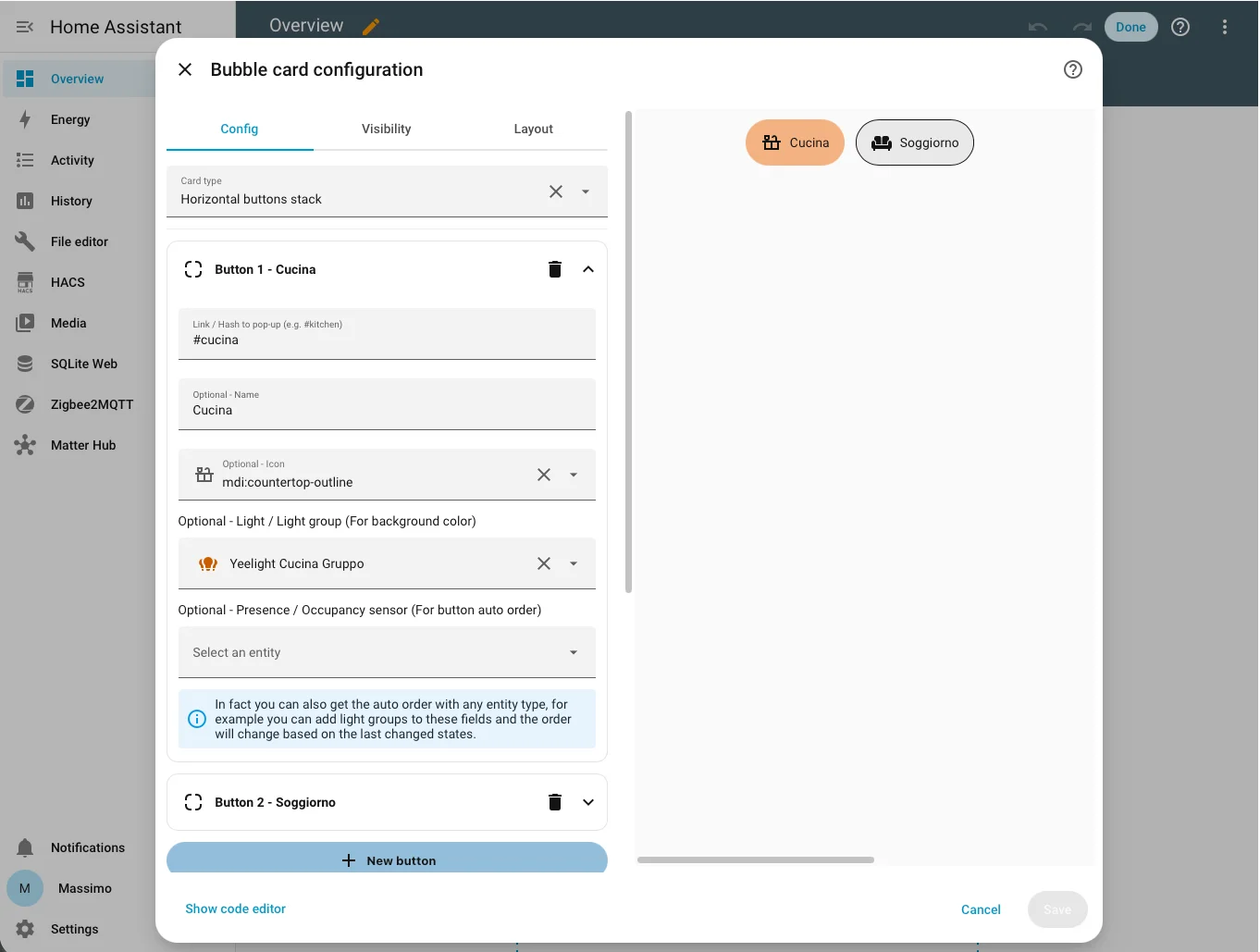 Configurazione della horizontal buttons stack con pulsanti Cucina e Soggiorno