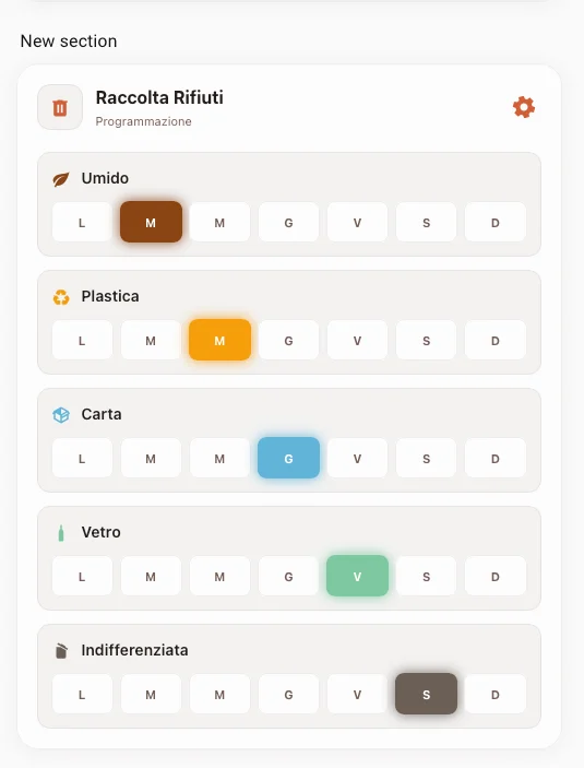 Pannello impostazioni WeSmart Garbage Card con editor visuale