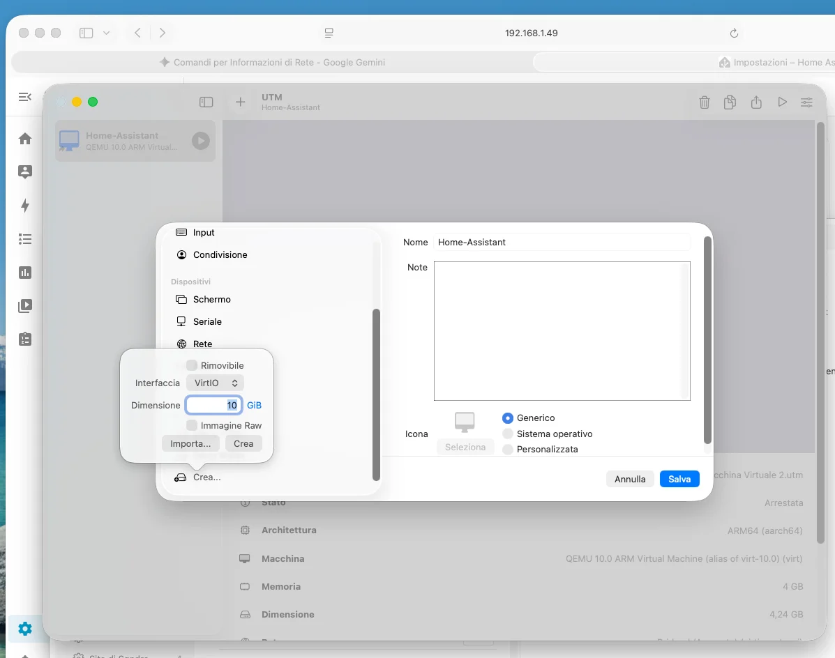 Pannello Impostazioni VM di UTM con la sezione Dischi aperta e il pulsante Crea per aggiungere un nuovo disco virtuale