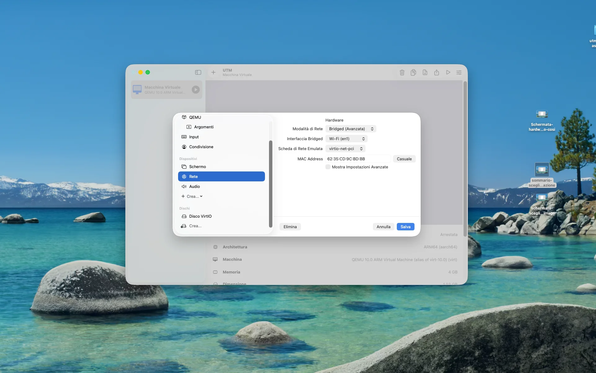 Pannello impostazioni UTM sezione Rete con Modalità di Rete impostata su Bridged (Avanzata) e Interfaccia Bridged su Wi-Fi (en1)