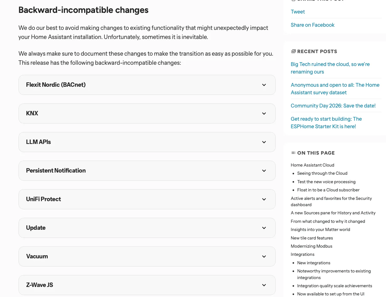 Sezione Backward-incompatible changes delle note di rilascio di Home Assistant 2026.9