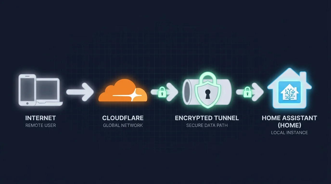 Schema Cloudflare Tunnel: connessione uscente da casa verso la rete Cloudflare, niente porte aperte sul router