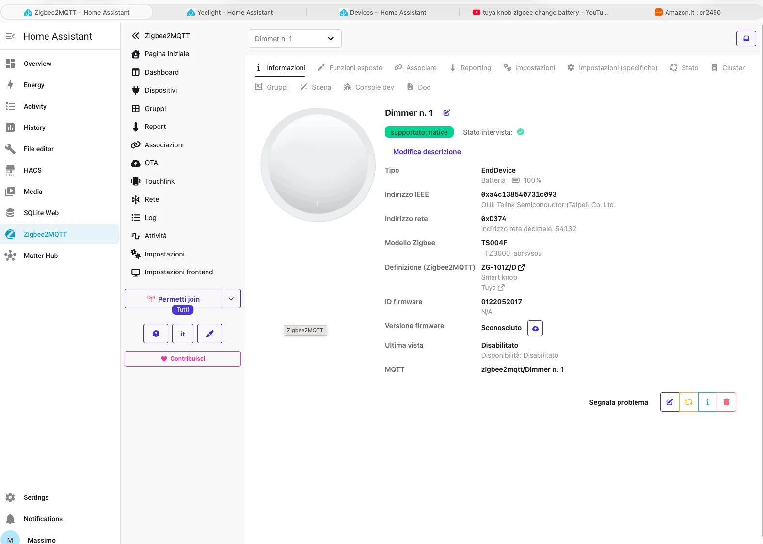 Pagina ufficiale Zigbee2MQTT per il Tuya Smart Knob ZG-101Z/D