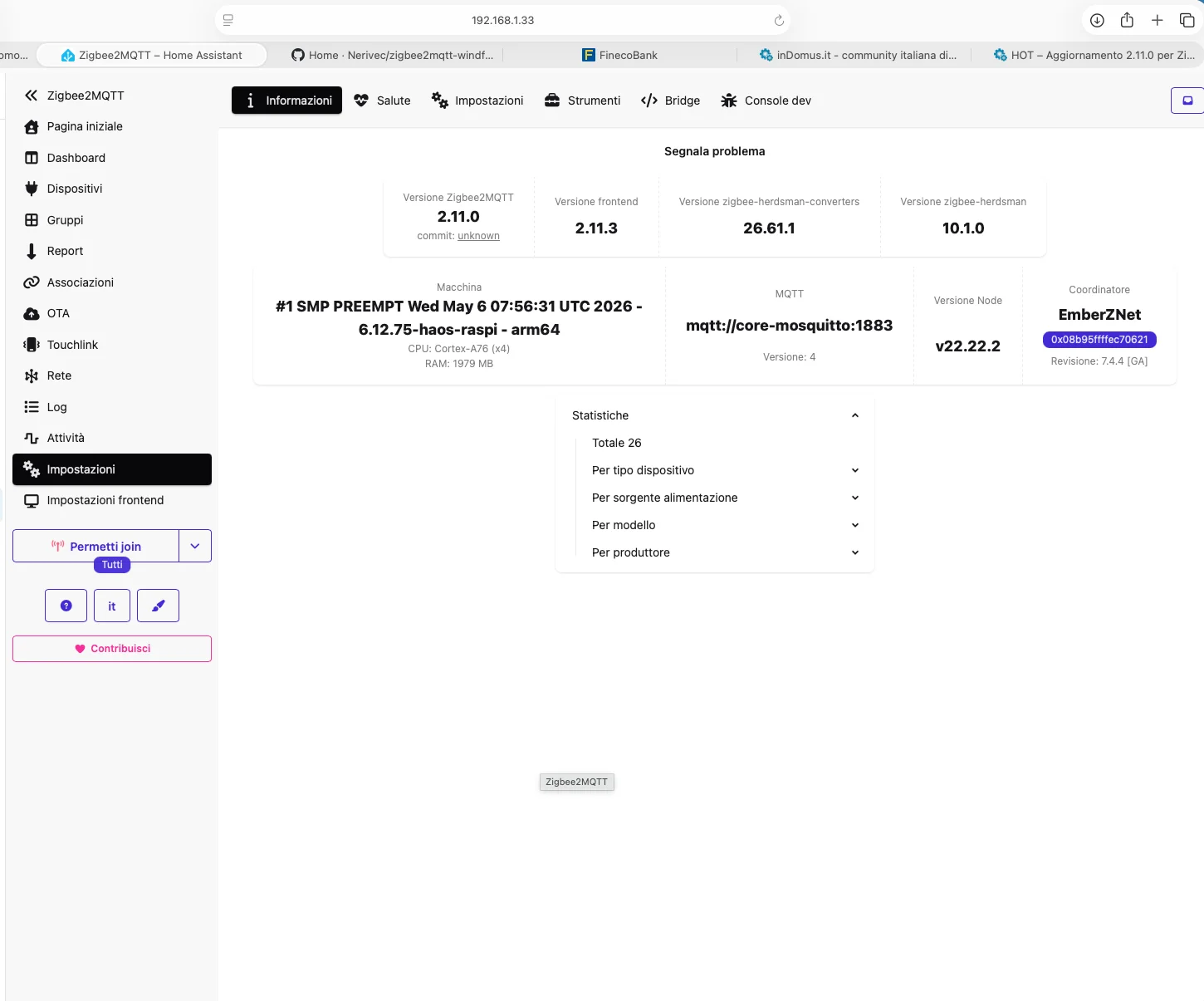 Schermata del frontend Zigbee2MQTT 2.11.0 con versione confermata e 26 dispositivi attivi