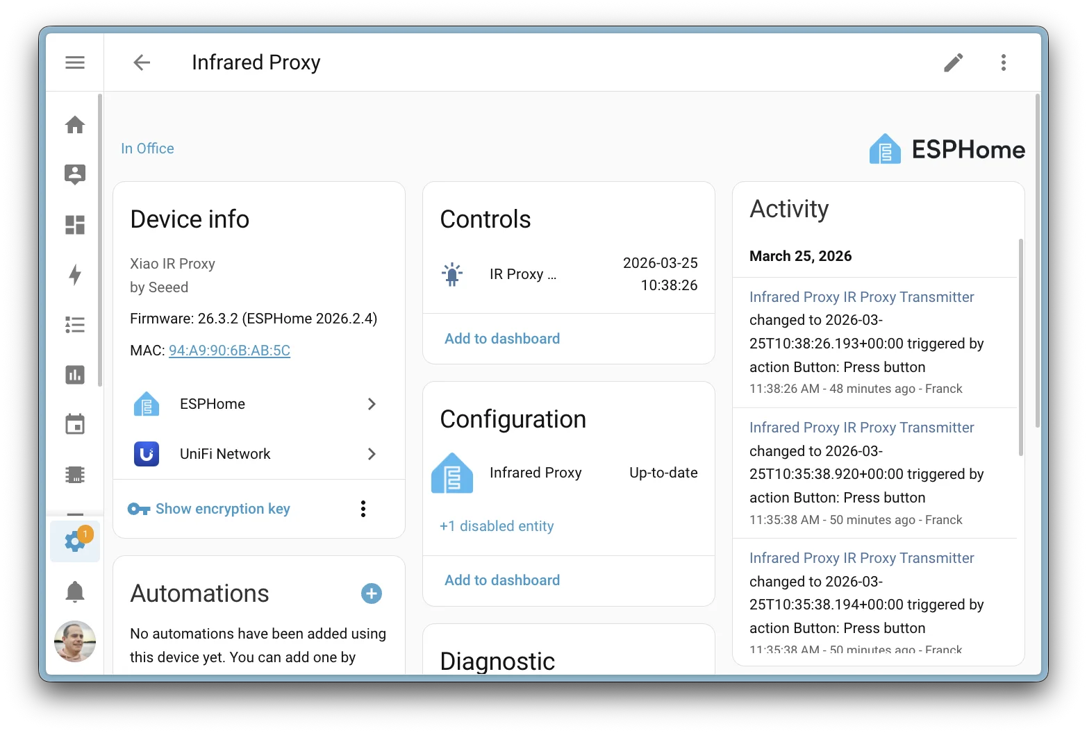 La pagina dispositivo dell'Infrared Proxy in Home Assistant
