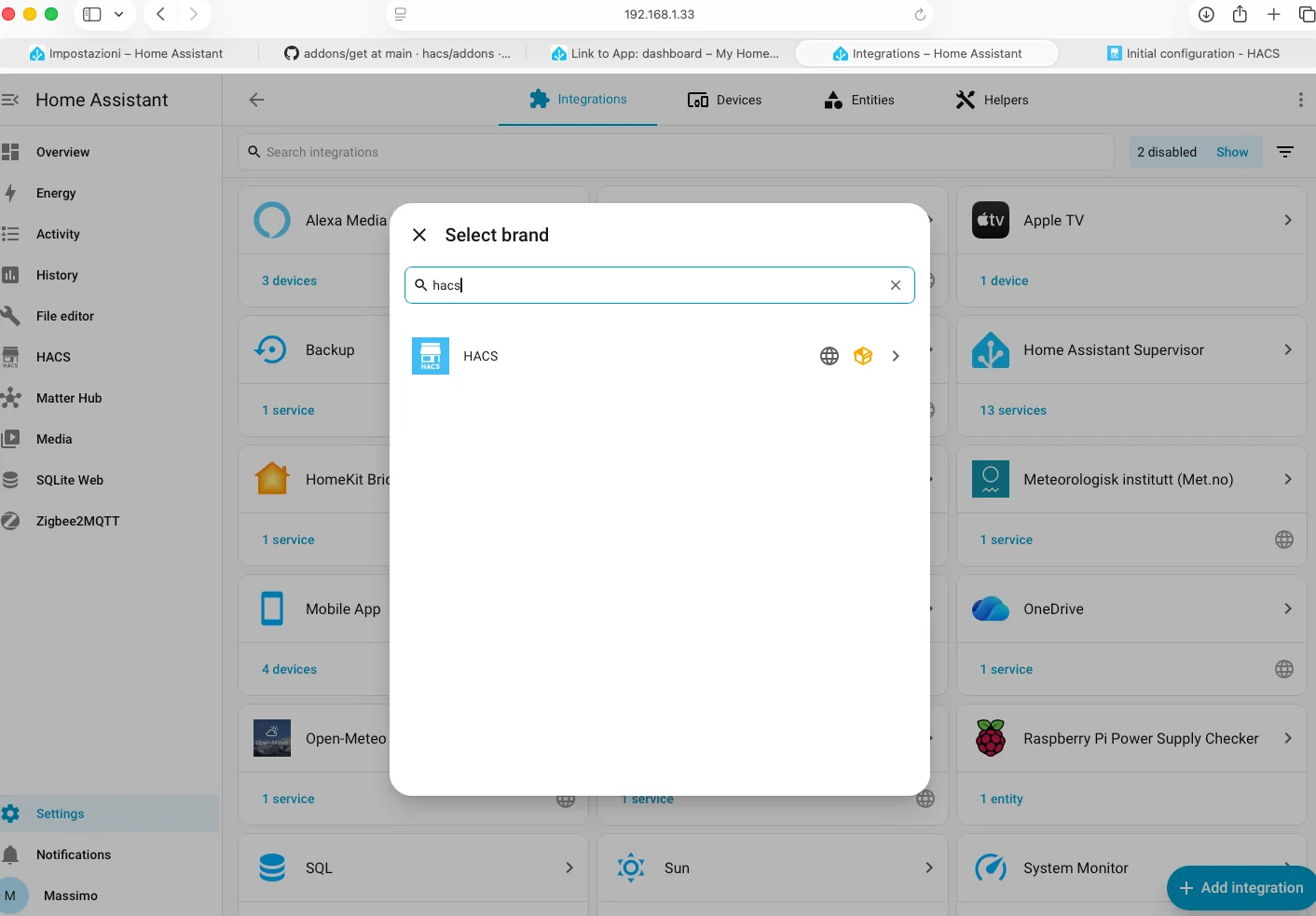 Ricerca integrazione HACS in Home Assistant: finestra Select brand con risultato HACS