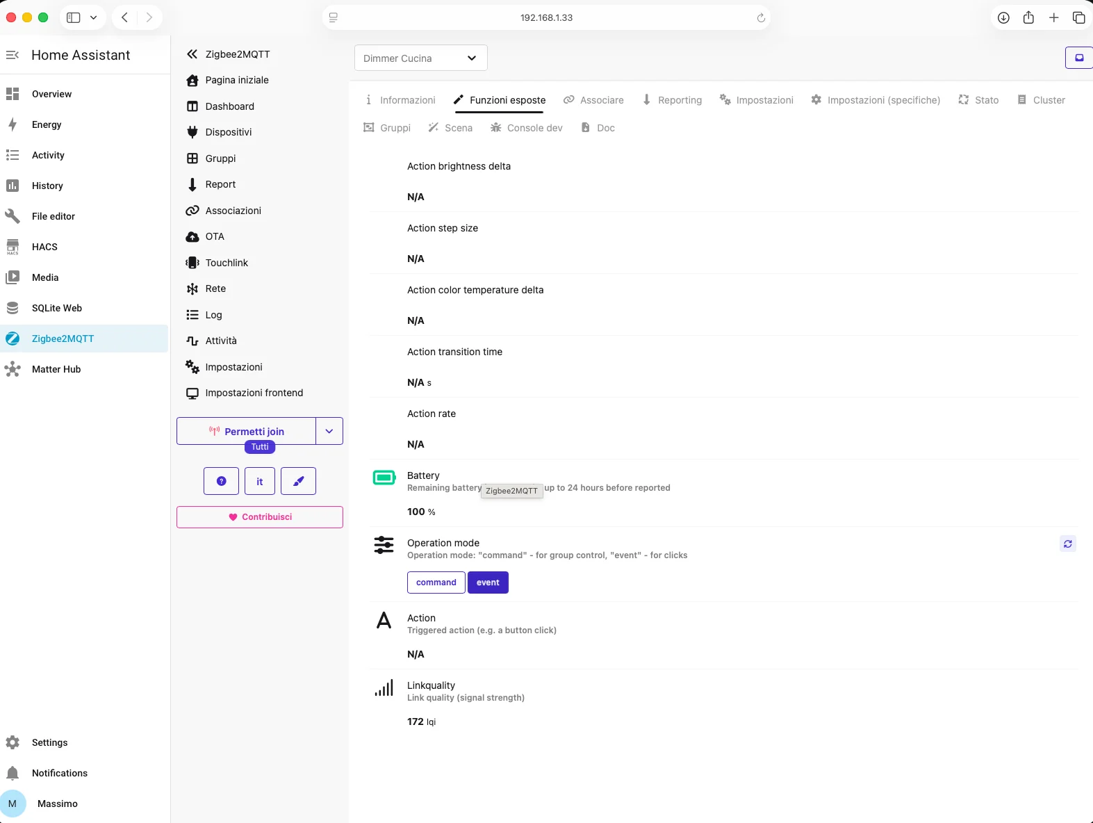 Tab Funzioni esposte in Zigbee2MQTT con operation mode event