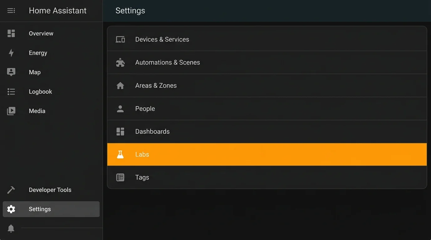 Schermata Home Assistant Labs in Impostazioni Sistema