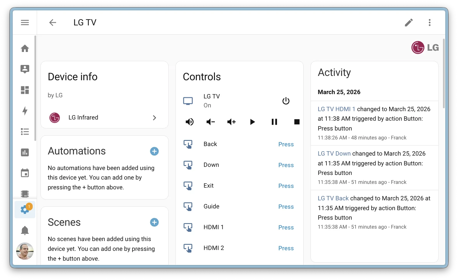Il dispositivo LG TV integrato via proxy infrarossi in Home Assistant