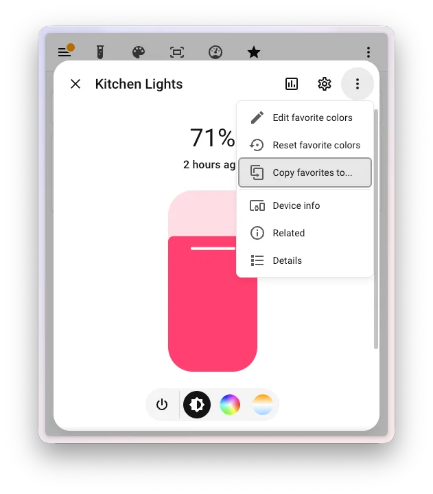 L'opzione per copiare i colori preferiti ad altre luci in Home Assistant
