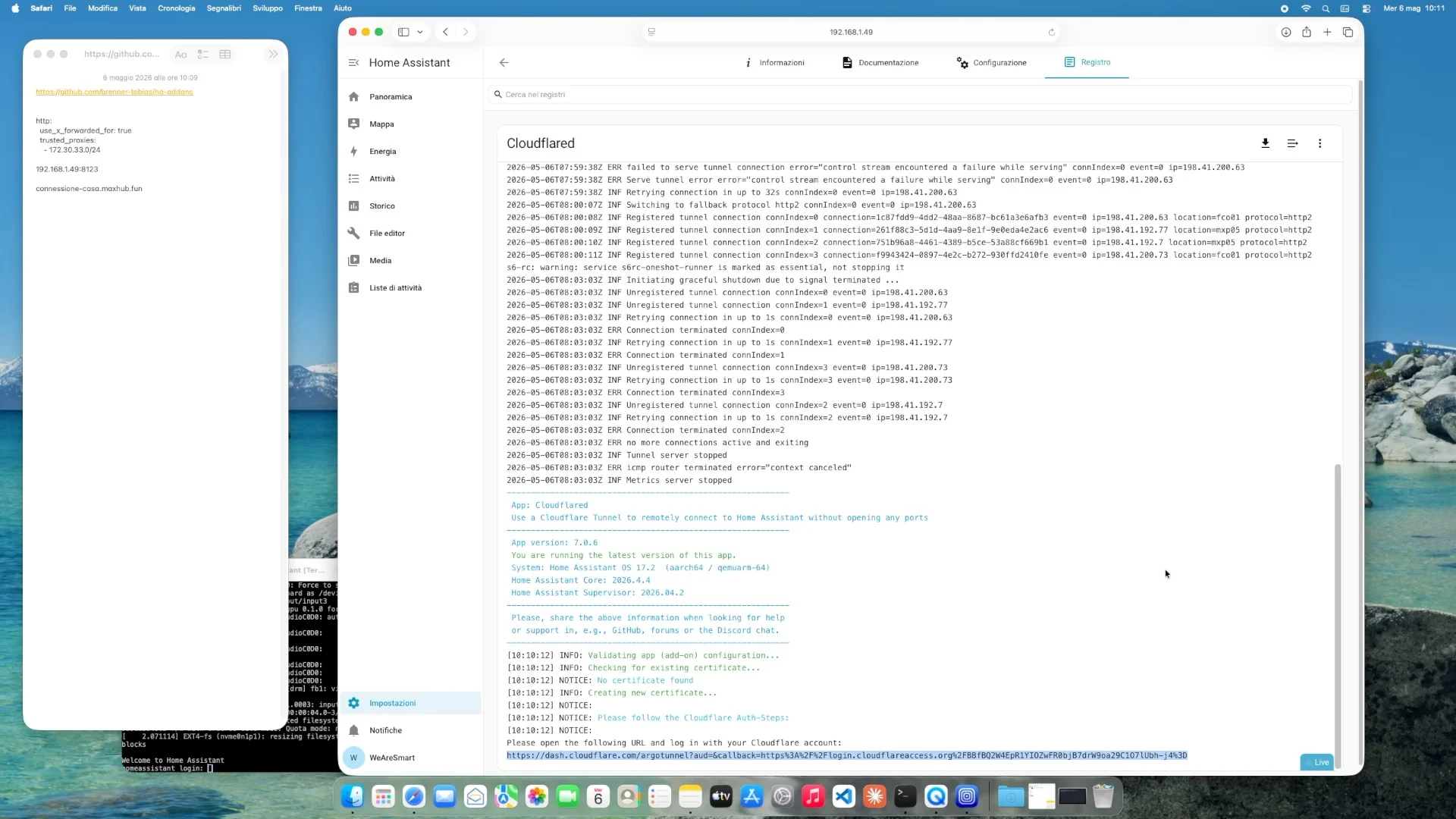 Il link di autenticazione generato dal log dell'app Cloudflared