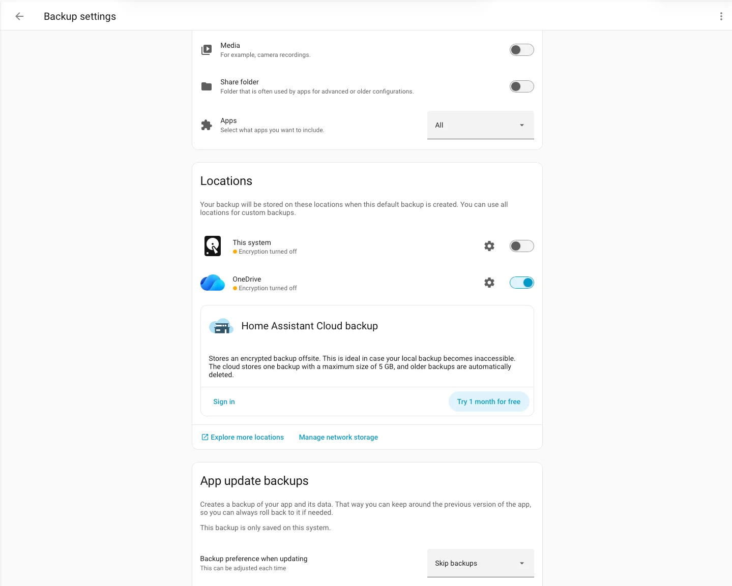 Sezione Locations nella schermata di configurazione backup con destinazioni cloud disponibili