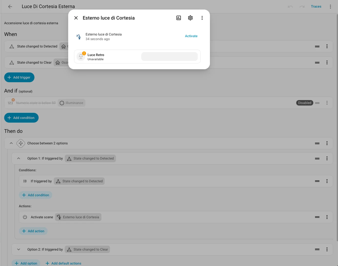 Scena di Home Assistant con la lampada esterna non disponibile (unavailable)