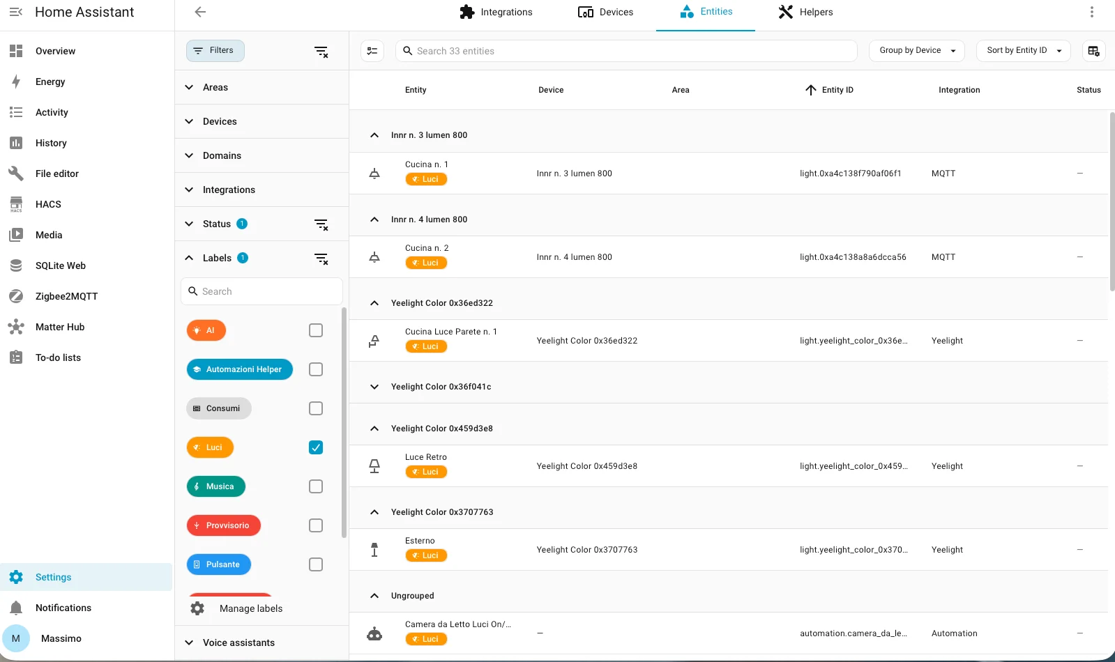 Filtro per etichetta Luci nella tabella entità di Home Assistant