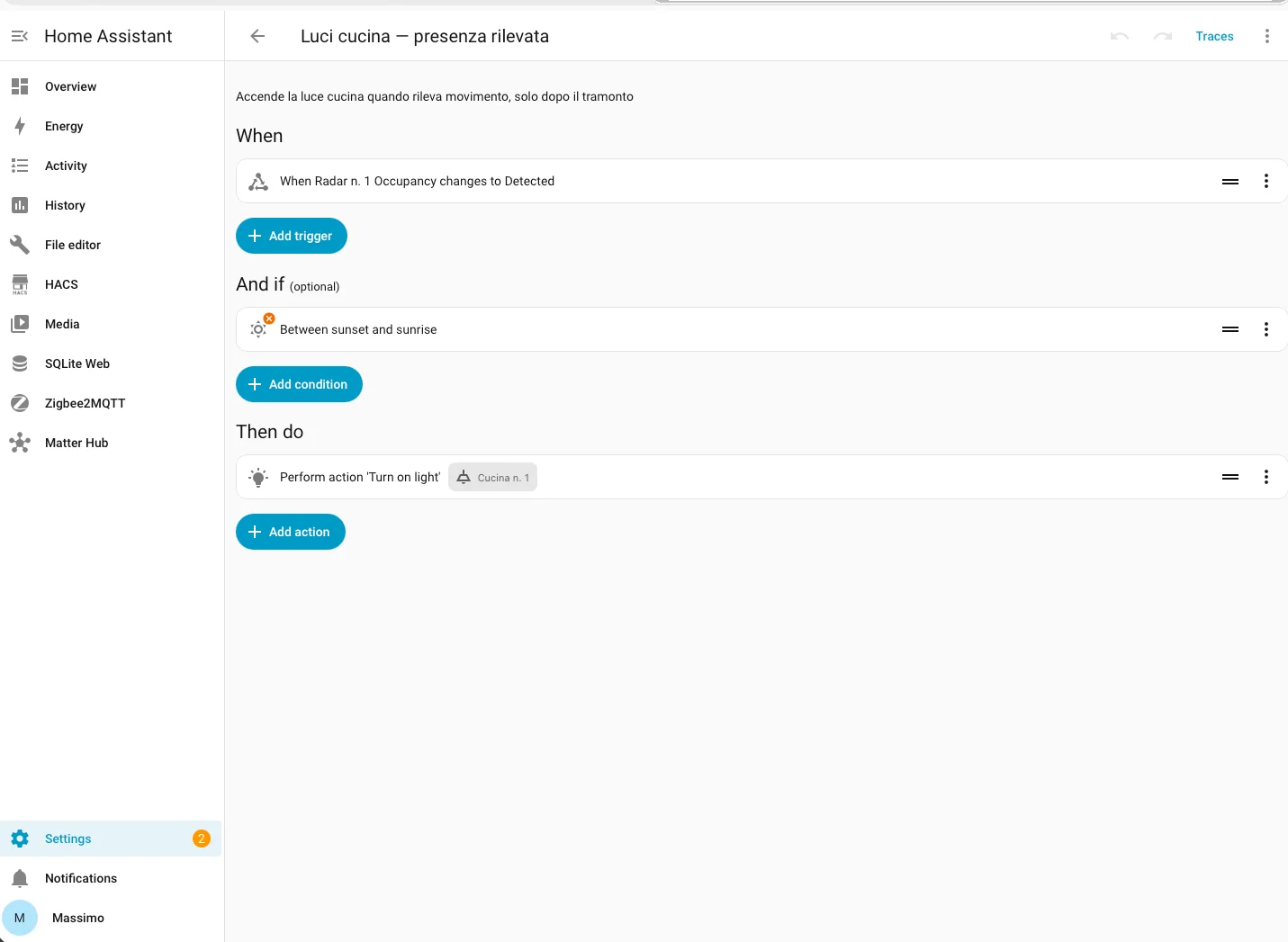 Editor automazioni Home Assistant con trigger sul radar di presenza e condizione sul tramonto