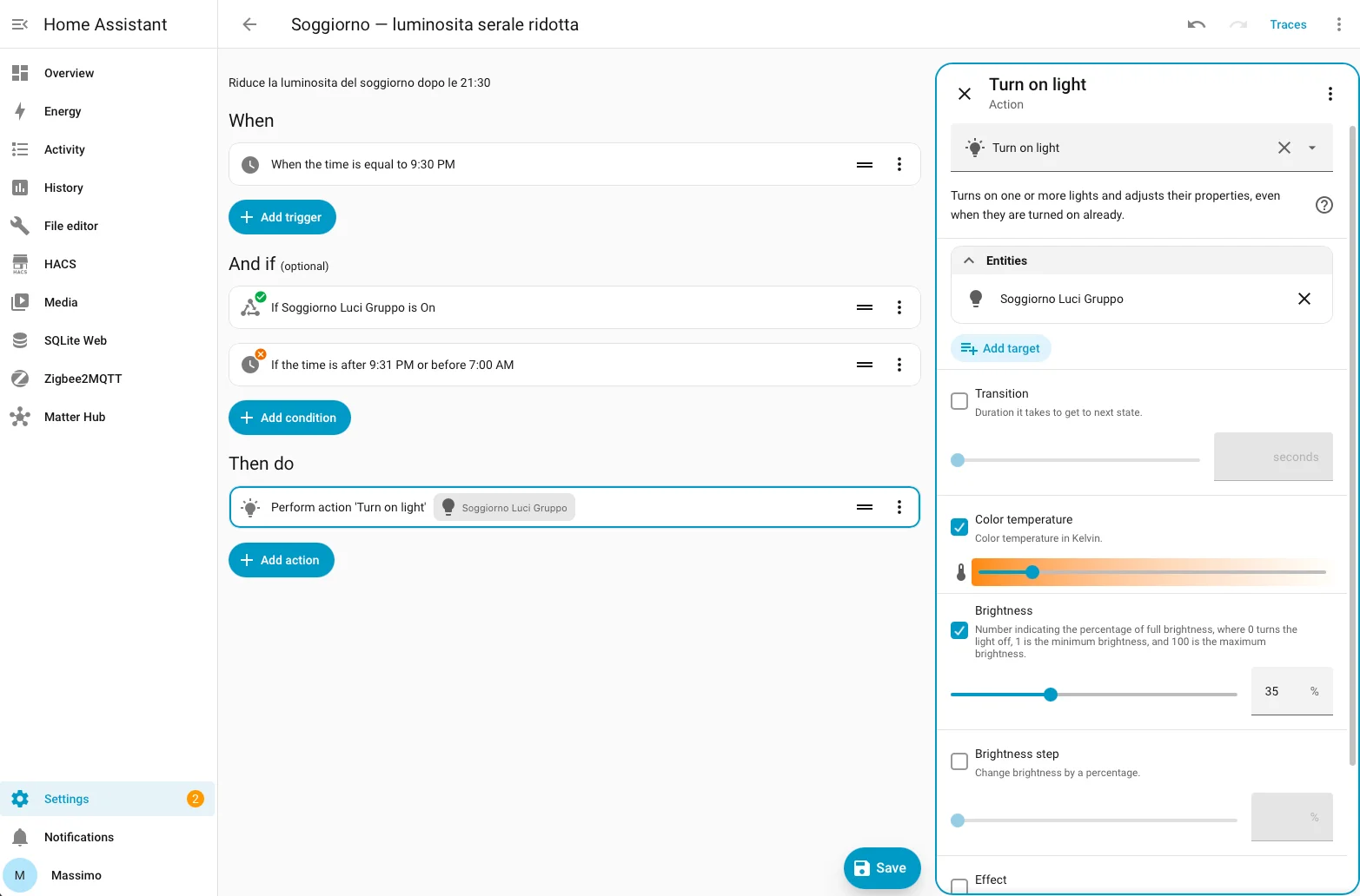 Automazione Home Assistant che riduce la luminosità del soggiorno al 35% dopo le 21:30