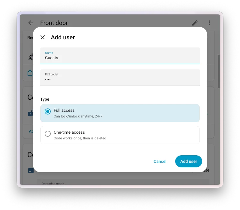 Il dialogo per aggiungere un nuovo utente al lucchetto Matter