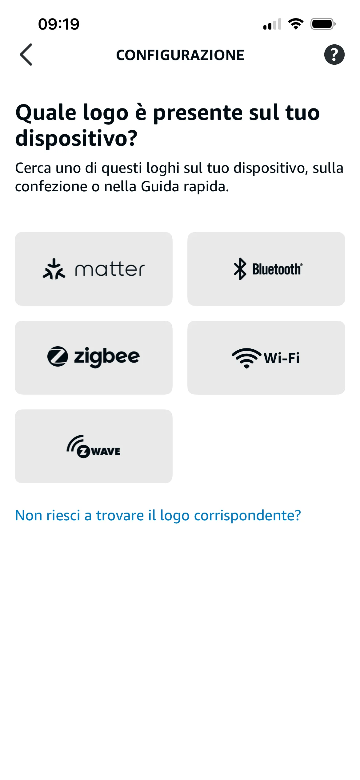 Selezione del tipo Matter nell'app Alexa