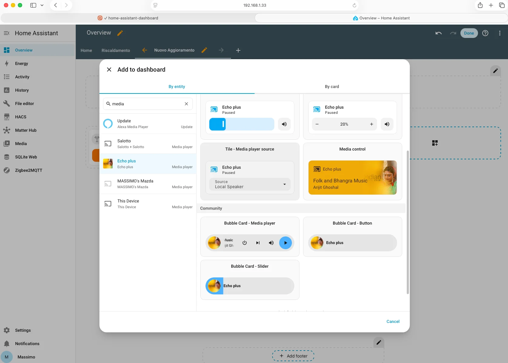 Picker Home Assistant con media player Echo Plus selezionato: card native e Bubble Card community con anteprima live