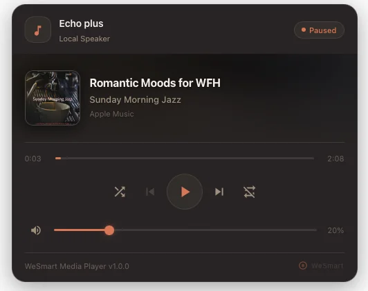WeSmart Media Player Card per Home Assistant - album art, barra avanzamento e controlli adattativi