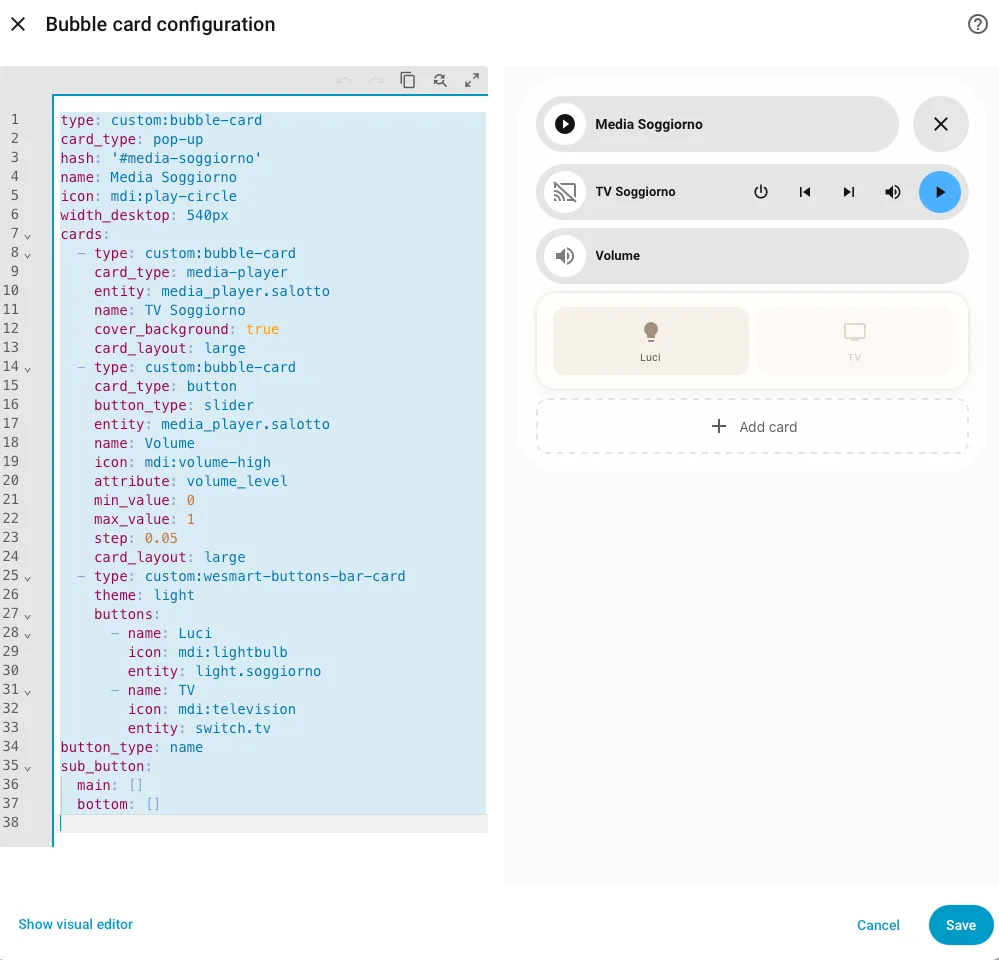 Pop-up Bubble Card per il controllo media player con editor YAML
