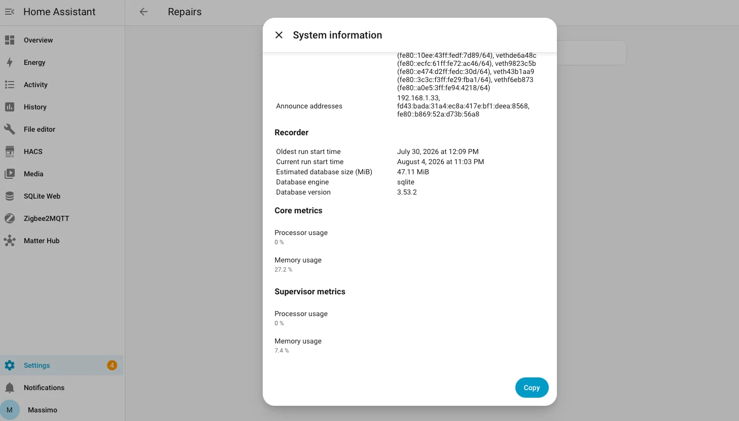 System information di Home Assistant con la dimensione stimata del database del recorder a 47,11 MiB