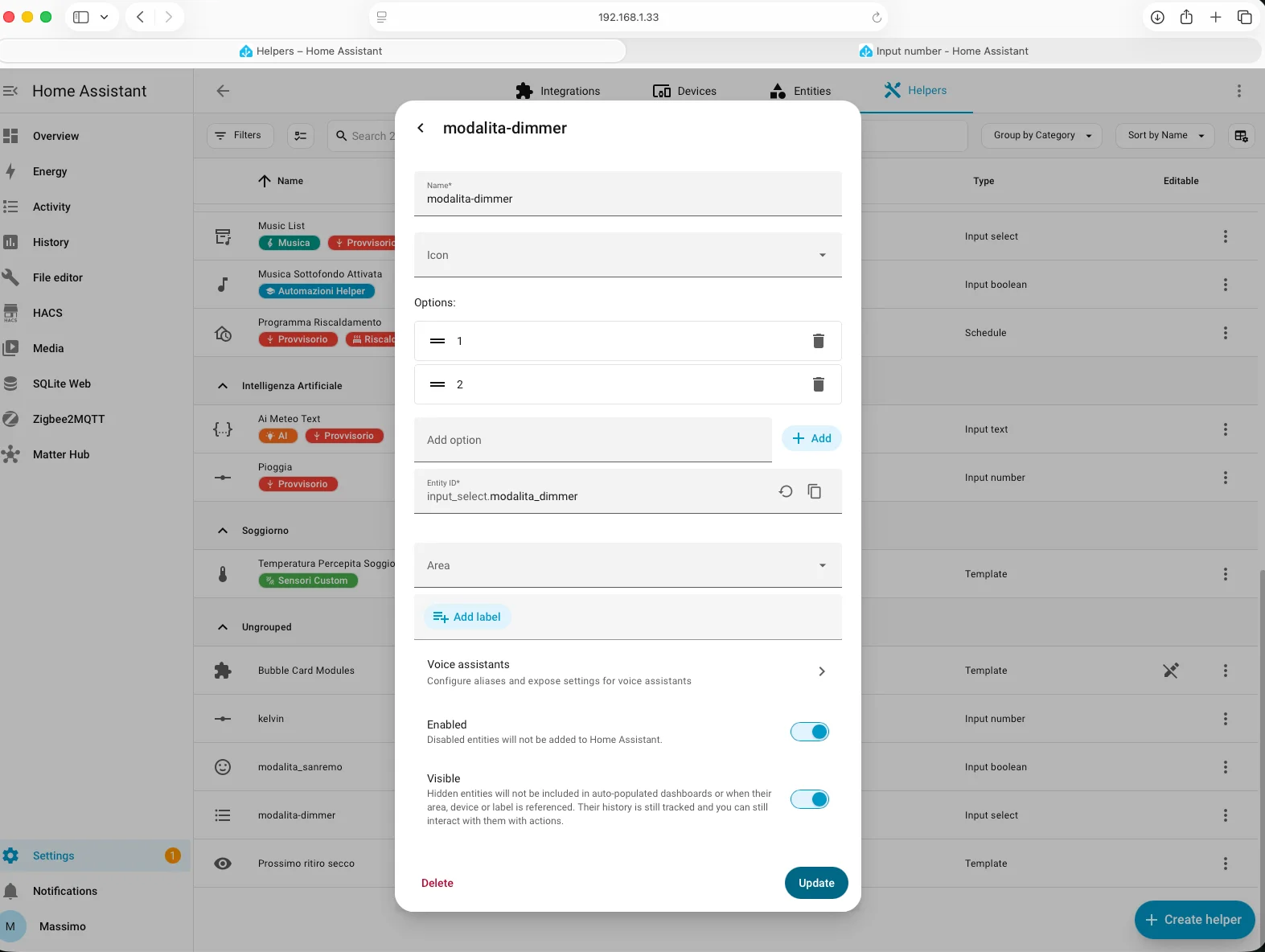 Helper input_select con modalità luminosità e kelvin