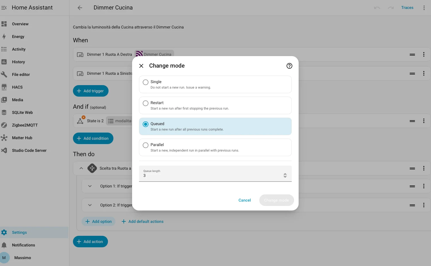 Selezione della modalità di esecuzione queued nell'editor delle automazioni di Home Assistant