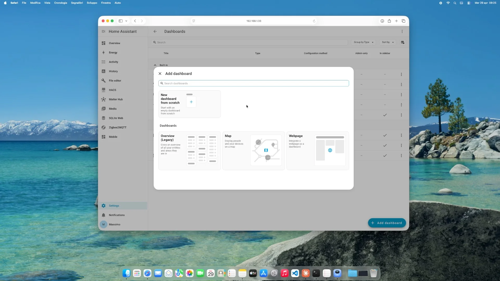 Settings → Dashboard → New Dashboard: teniamo il tutorial separato dalla configurazione principale
