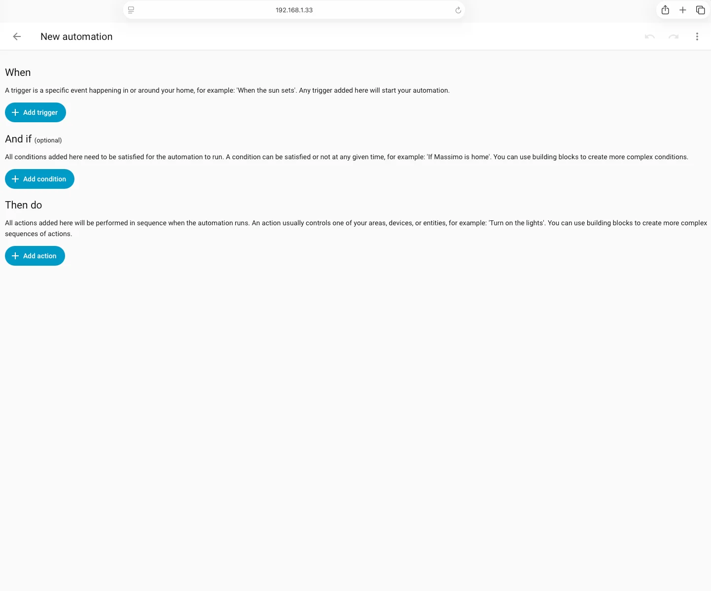 Editor nuova automazione Home Assistant con i tre blocchi When, And if e Then do