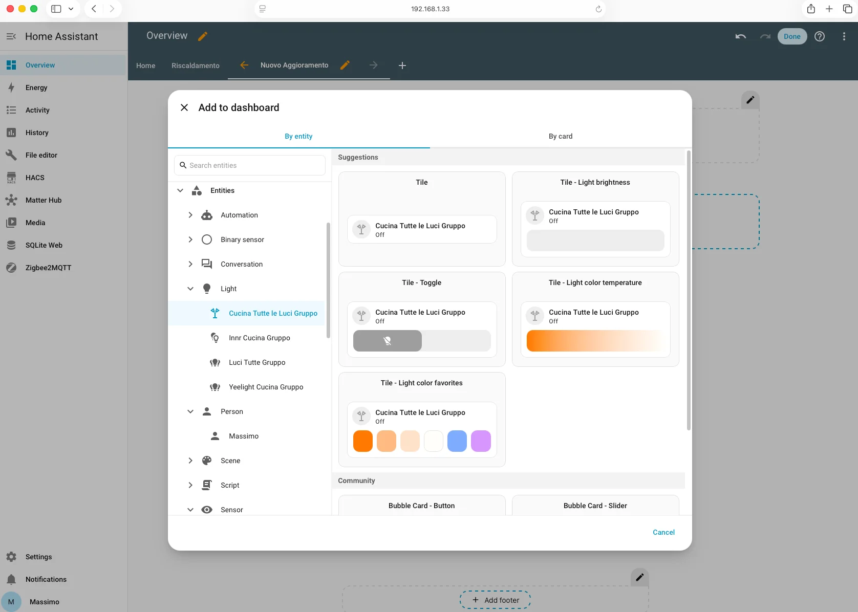 Dialog Add to dashboard di Home Assistant con navigazione per entità e suggerimenti a destra