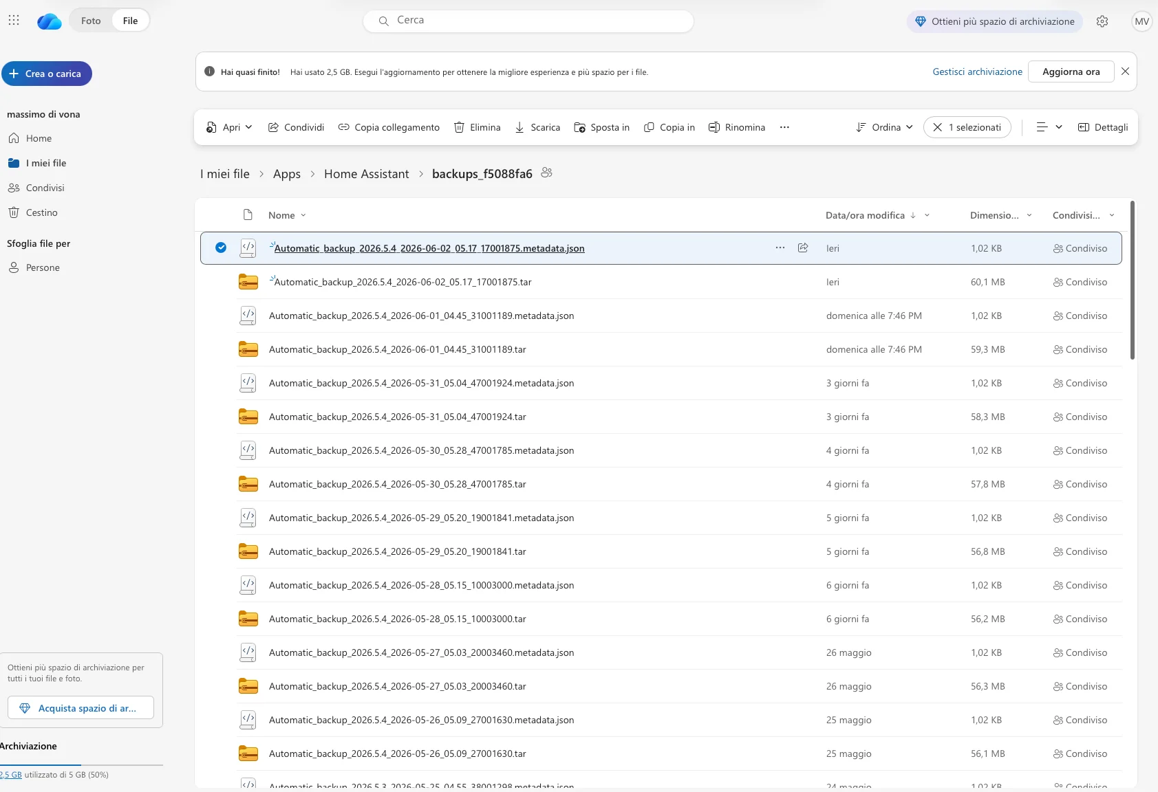 OneDrive con i backup automatici di Home Assistant, 30 giorni di retention