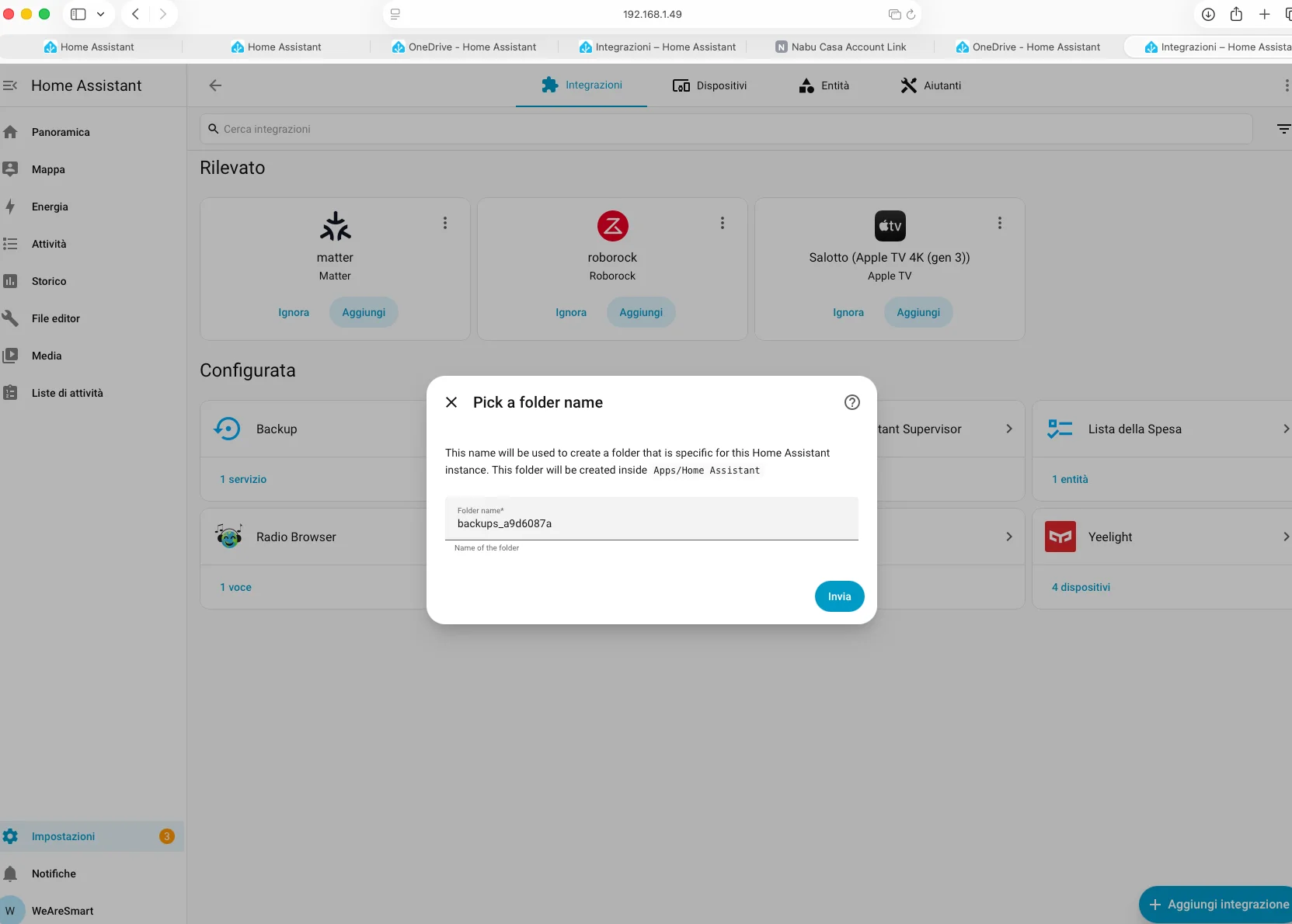 Scelta del nome della cartella OneDrive dove verranno salvati i backup di Home Assistant