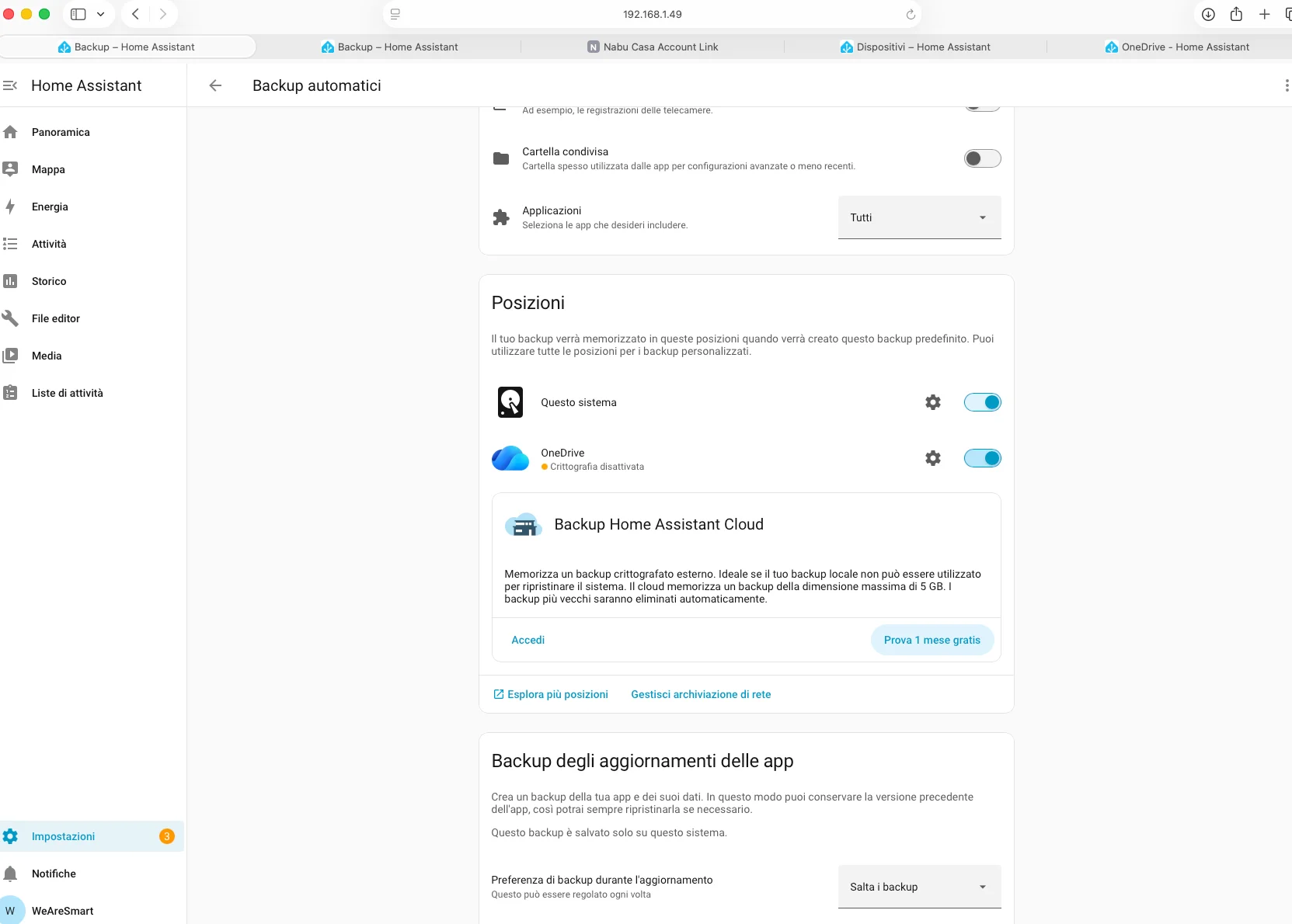 Toggle OneDrive attivato nella sezione Locations del backup Home Assistant