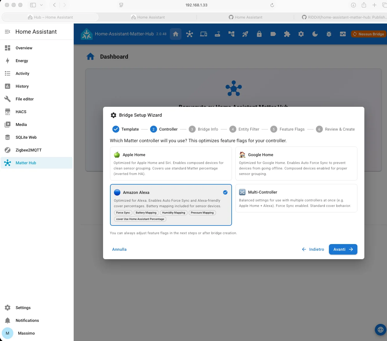 Opzione Ottimizzato per Amazon Alexa nel Matter Hub