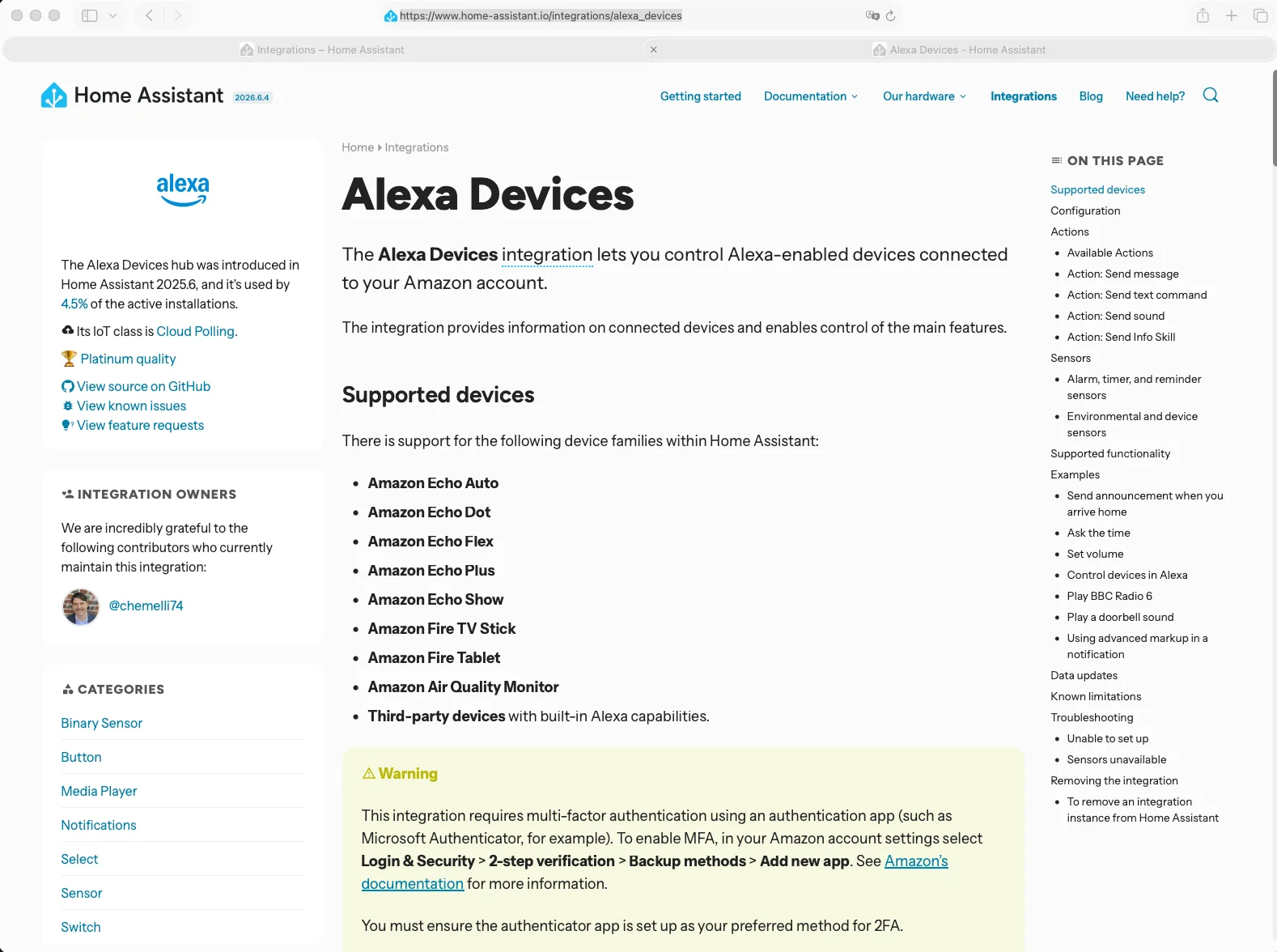 Pagina dell'integrazione ufficiale Alexa Devices su Home Assistant
