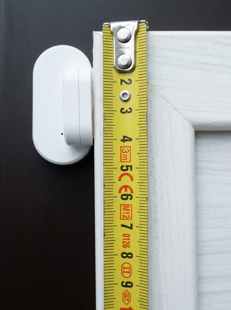 Sensore Zigbee TS0203 installato sul telaio del portone d'ingresso, misurato con il metro