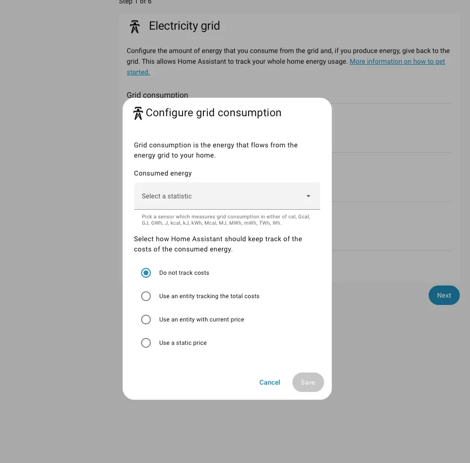 Popup per aggiungere una sorgente di consumo all'Energy Dashboard di Home Assistant