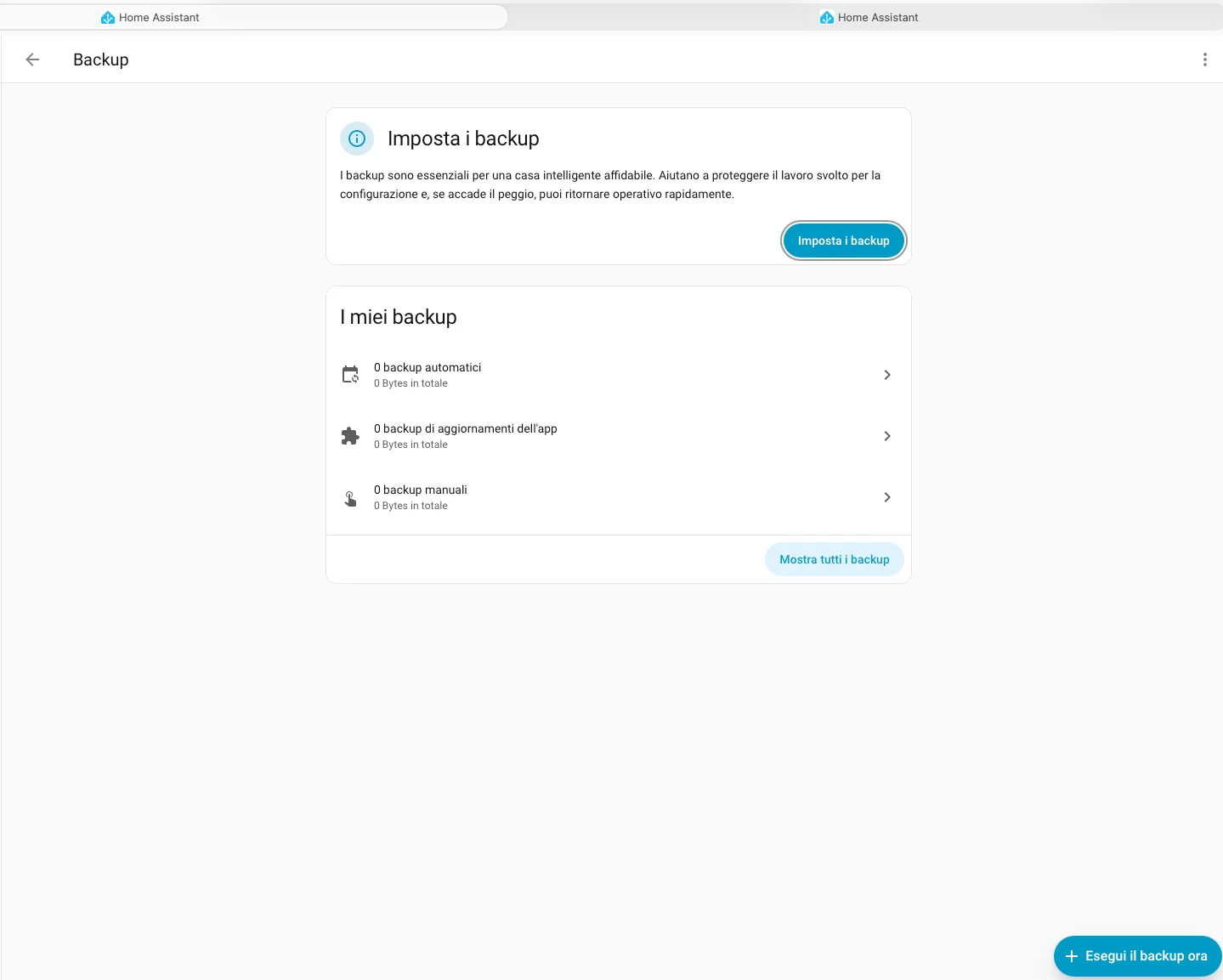 Prima schermata configurazione backup Home Assistant con generazione chiave crittografica