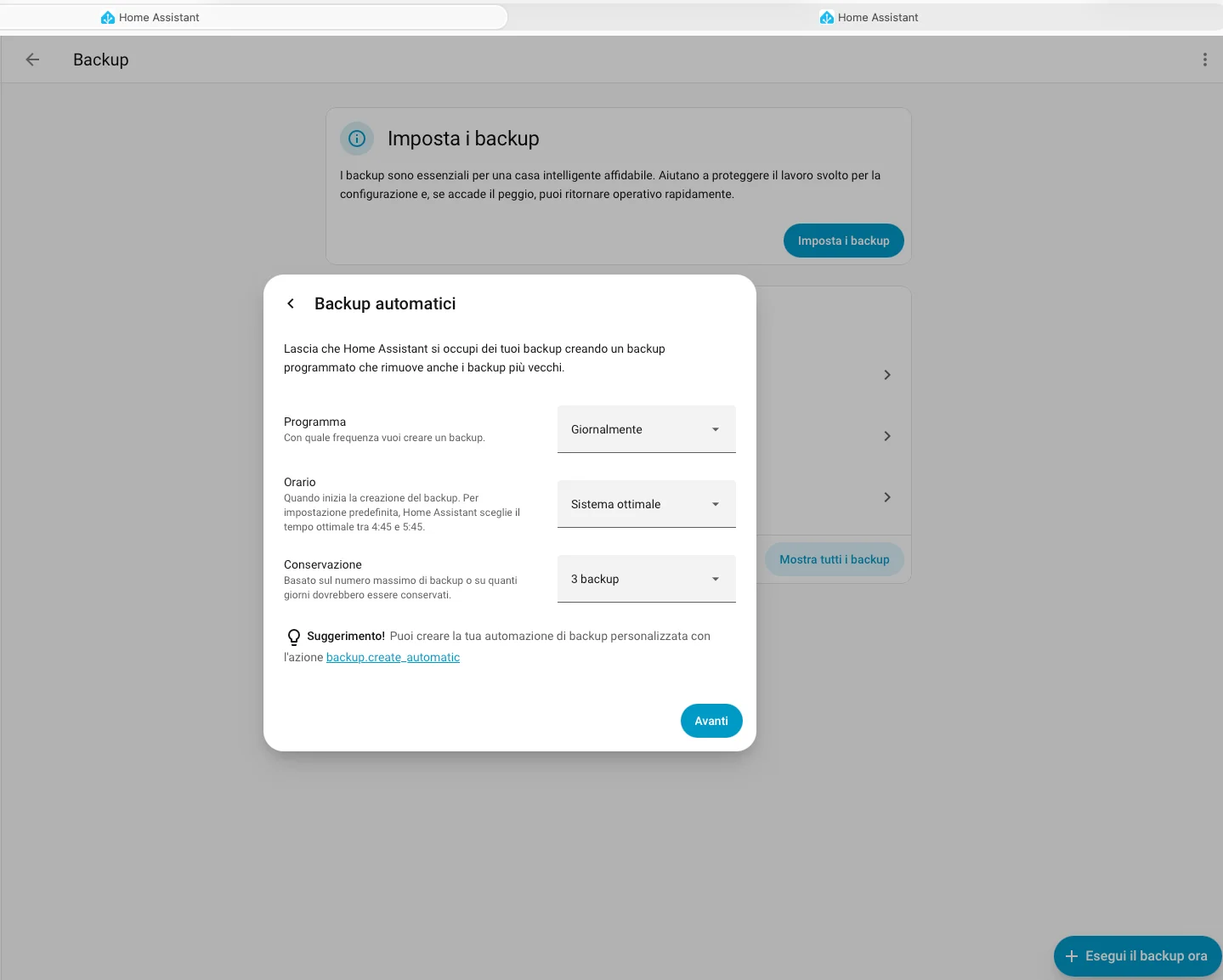 Selezione contenuti da includere nel backup: impostazioni, storico, media, applicazioni