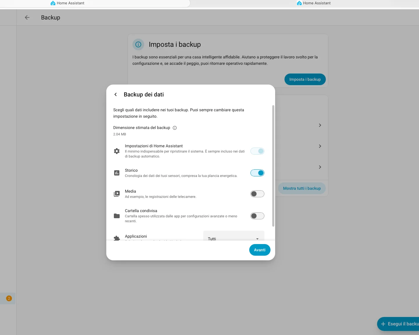 Selezione app da includere nel backup: tutte le applicazioni o una selezione personalizzata