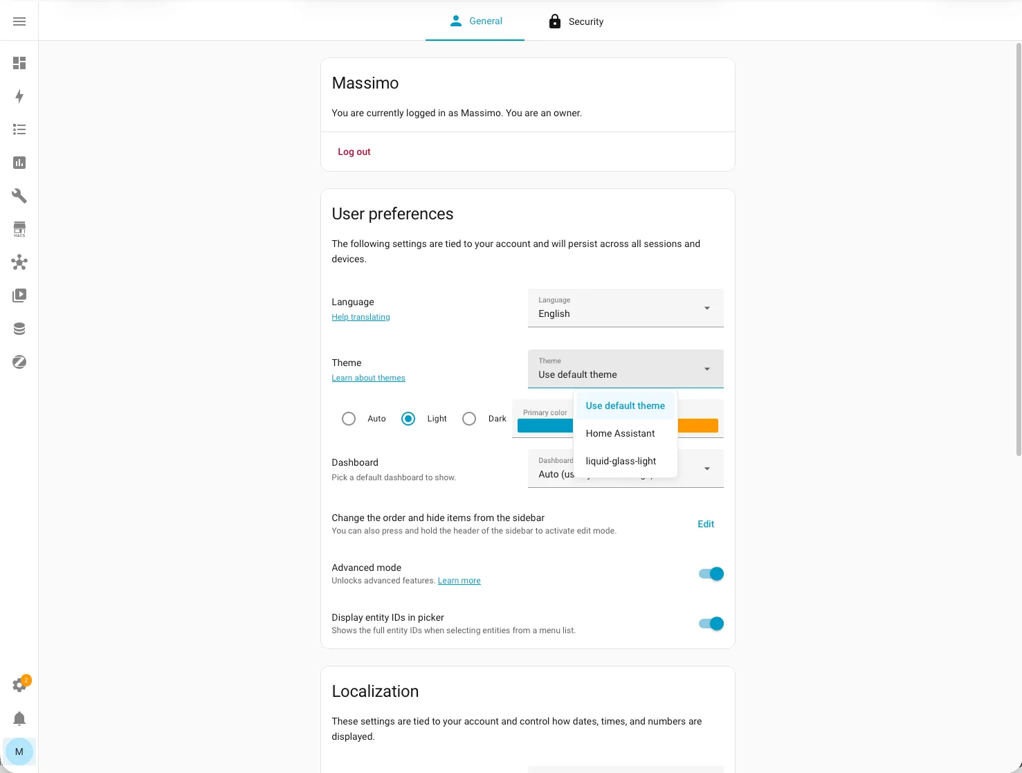 Menu a tendina aperto con la lista dei temi disponibili in Home Assistant