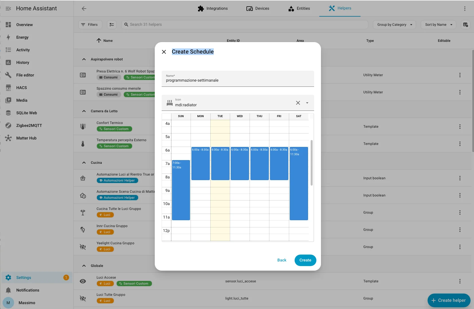 Helper Schedule programmazione-settimanale di Home Assistant con la griglia oraria settimanale compilata