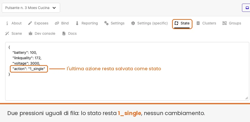 Scheda State di Zigbee2MQTT con l'ultima azione del pulsante salvata come 1_single