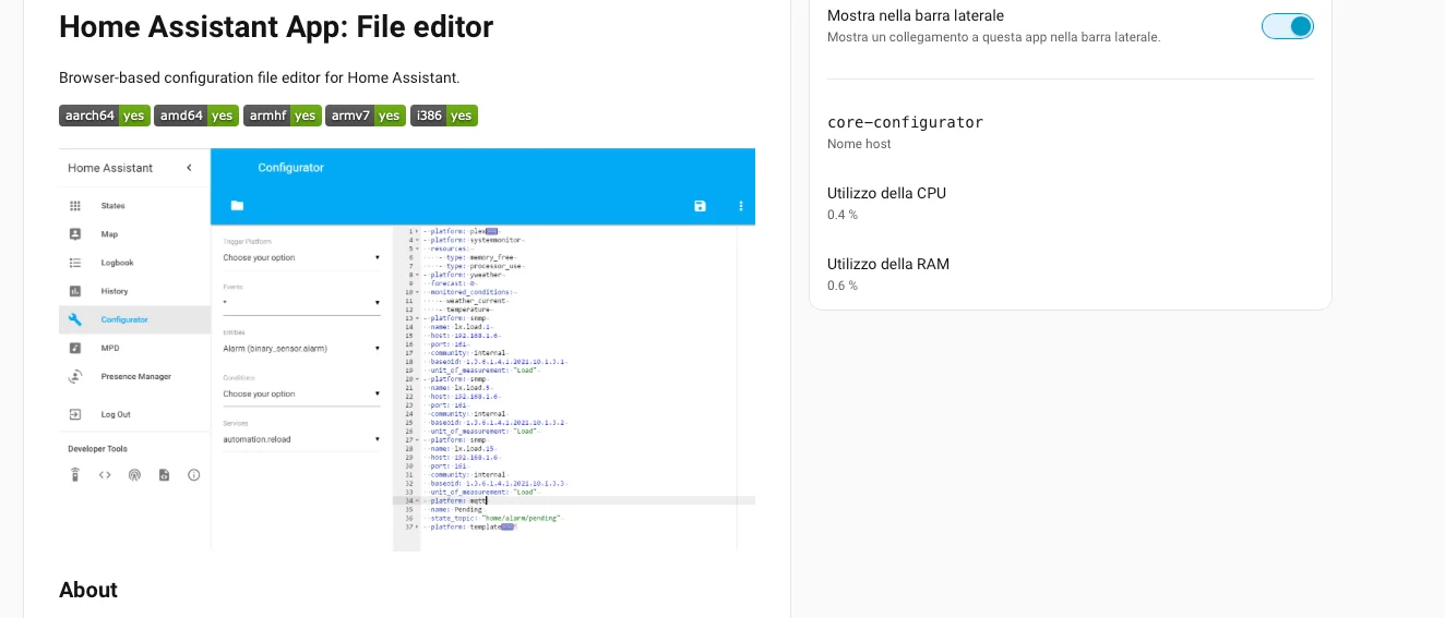 Consumo RAM di File Editor su Home Assistant: 0,6%