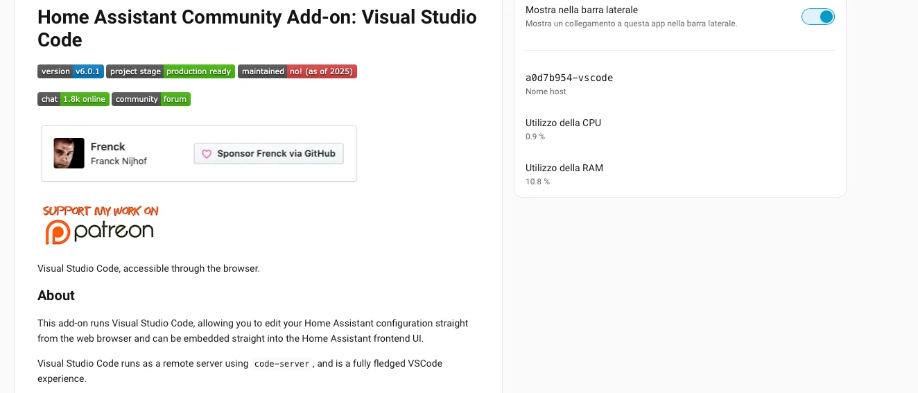 Consumo RAM di Studio Code Server su Home Assistant: 10,8%